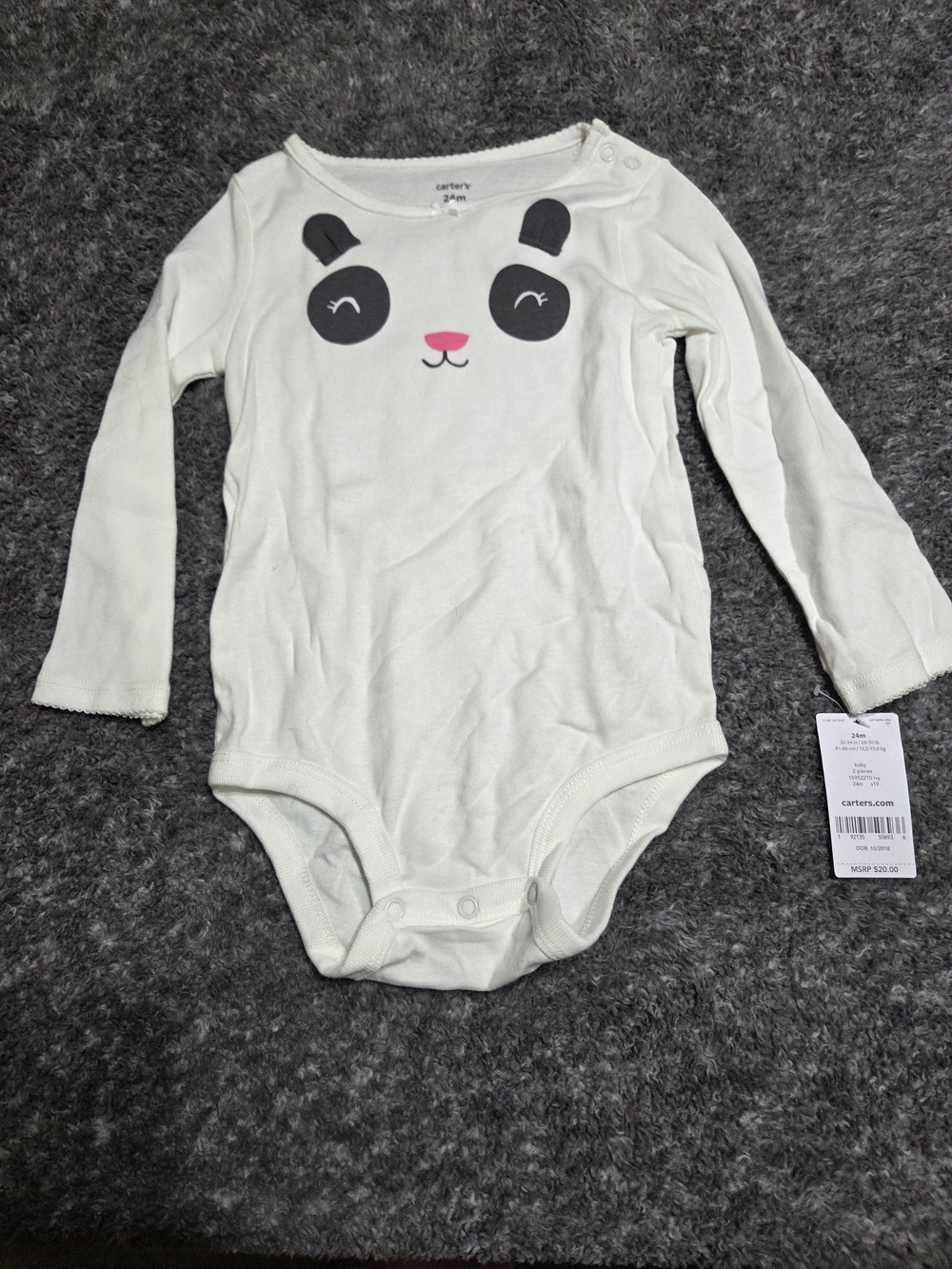 Carter's White Long-Sleeve Panda One-Piece Bodysuit with Black and Pink Accents
